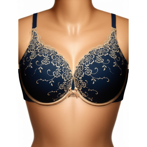 CACIQUE 44DD Bra Navy Blue Gold Floral lace Underwire Plus Size sexy lingerie - Picture 1 of 8